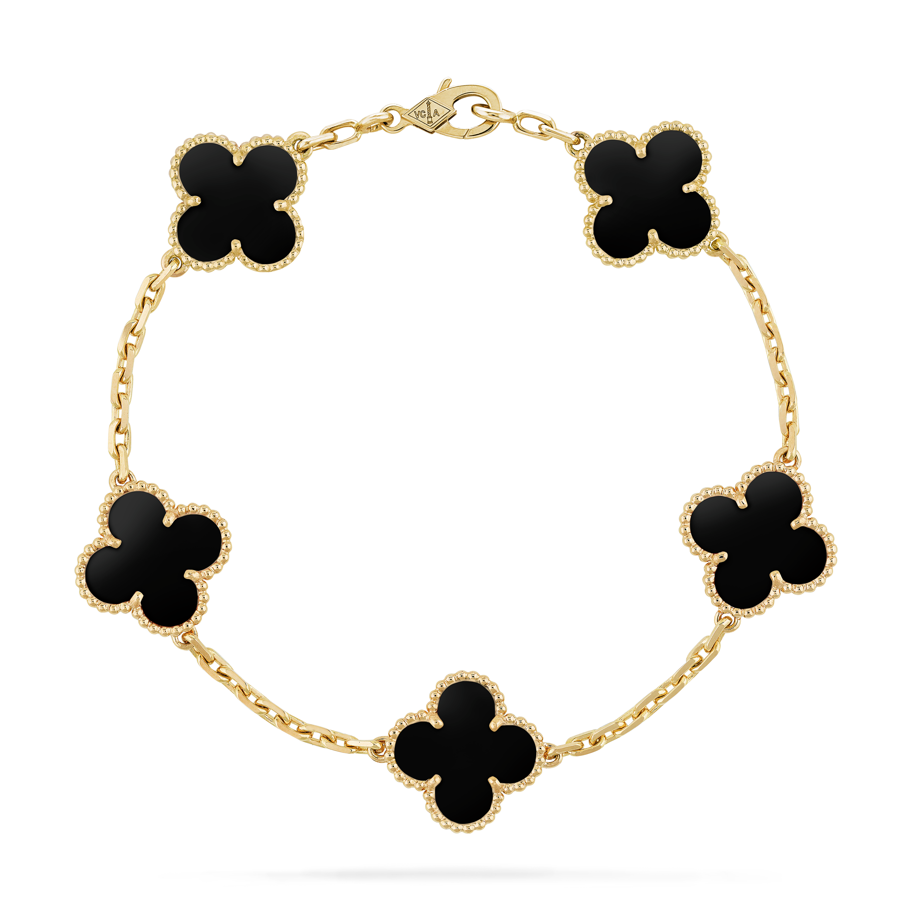 Vintage Alhambra bracelet, 5 motifs, 18K yellow gold, Onyx:  5 stones, Front, Jewelry Bracelet - Van Cleef & Arpels