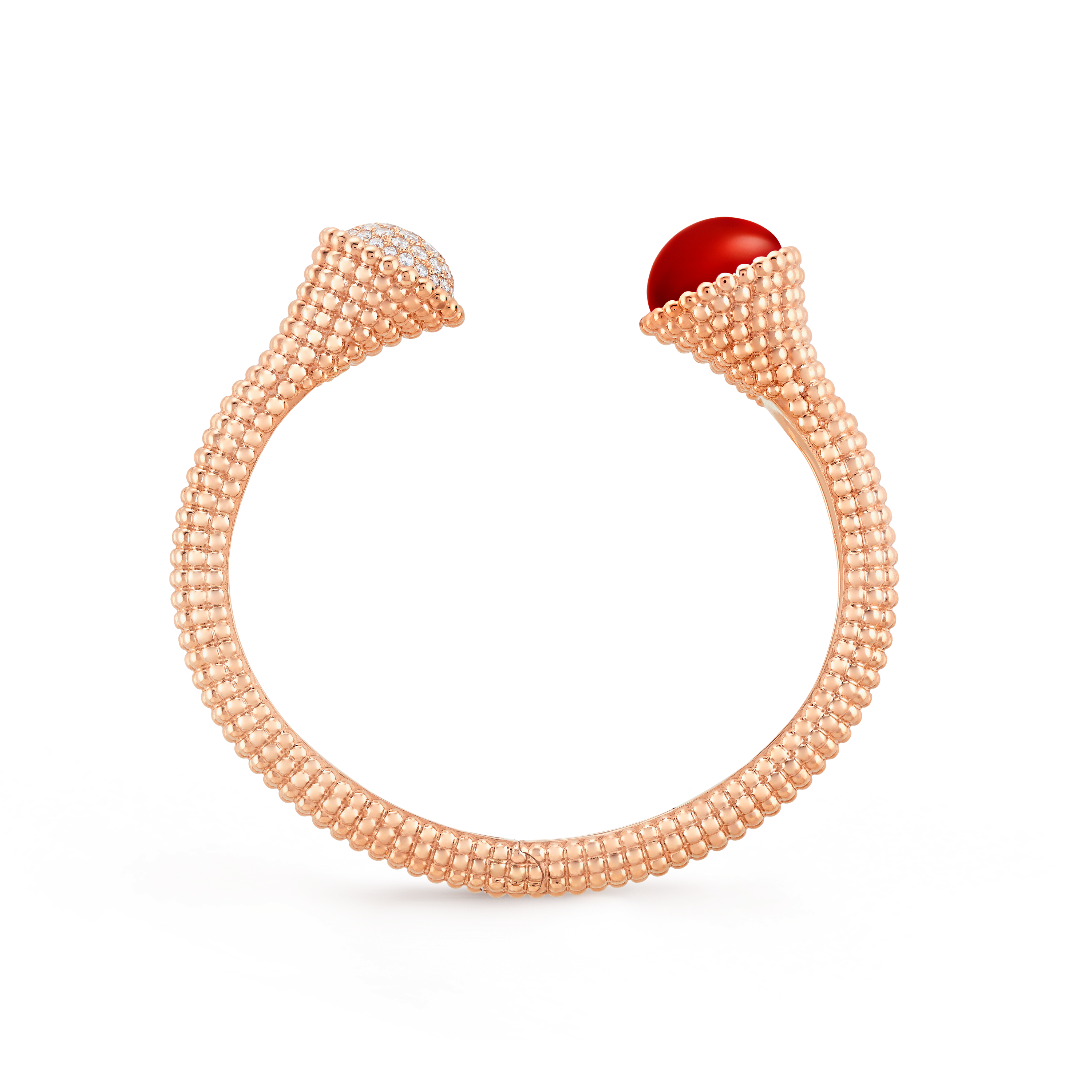 Perlée couleurs bracelet, small model, 18K rose gold, Carnelian:  1 stone, Diamond:  43 stones,  0.73 carat, Front, Jewelry Bracelet - Van Cleef & Arpels