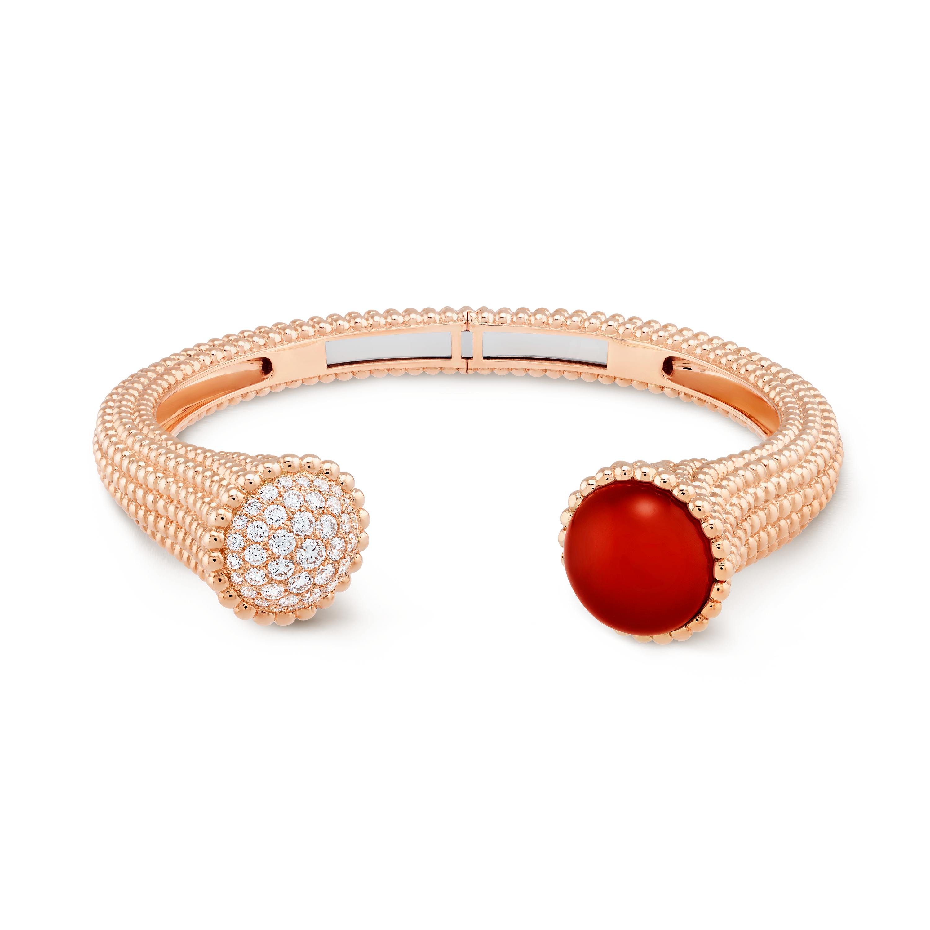 Perlée couleurs bracelet, small model, 18K rose gold, Carnelian:  1 stone, Diamond:  43 stones,  0.73 carat, Open, Jewelry Bracelet - Van Cleef & Arpels