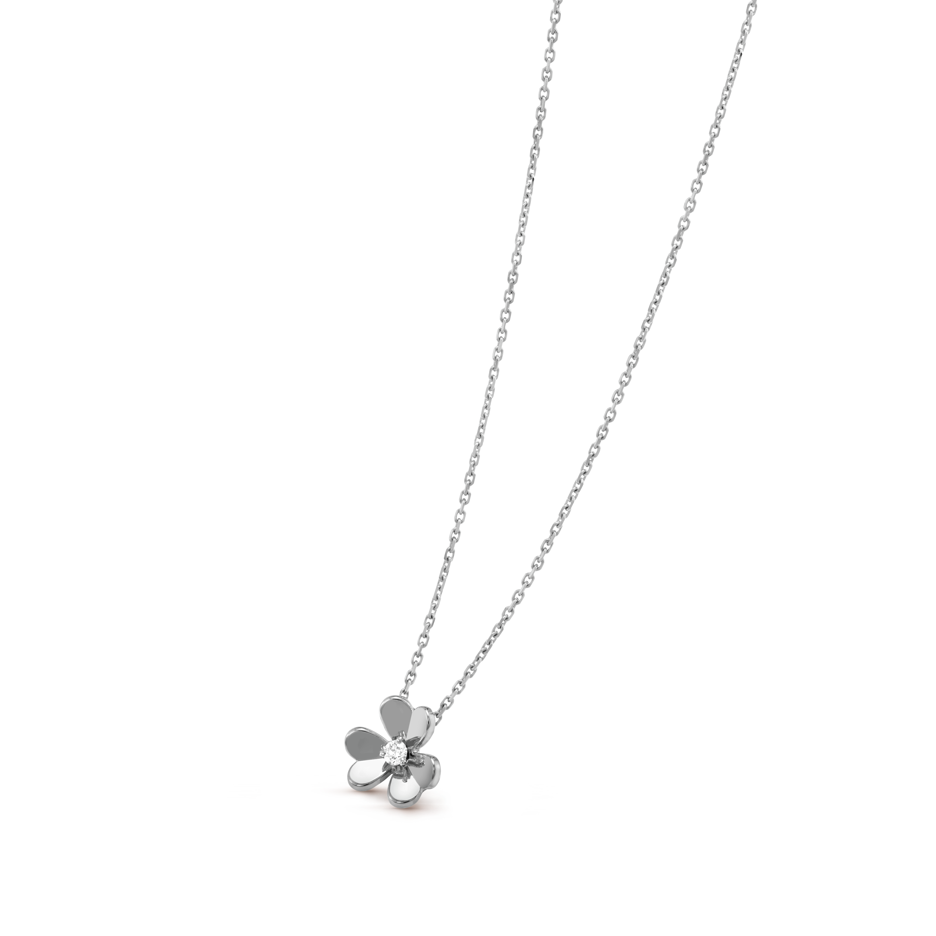Frivole pendant, mini model, 18K white gold, Diamond:  1 stone,  0.05 carat, Three Fourth, Jewelry Pendent - Van Cleef & Arpels