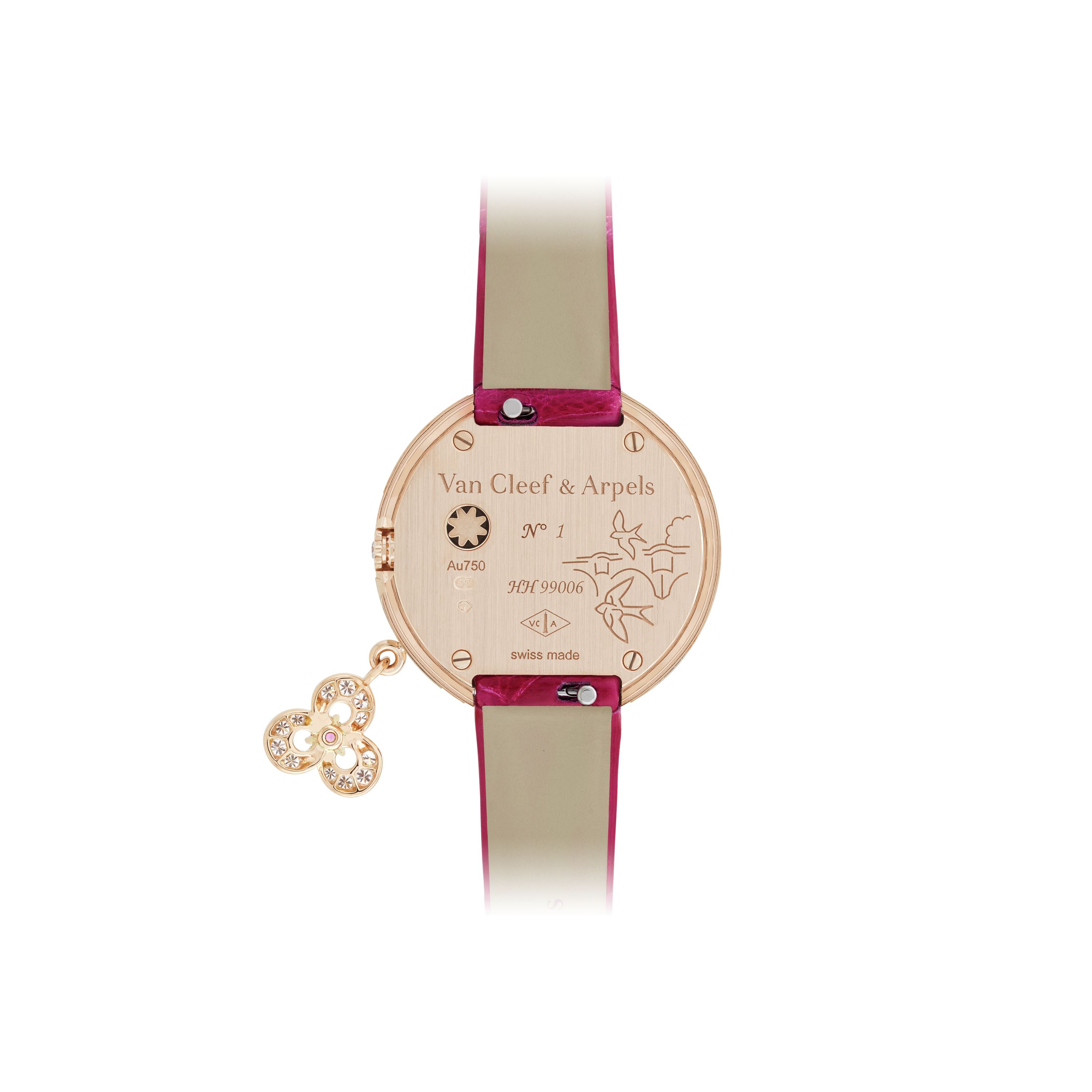 Charms Romance Parisienne Rencontre watch, 18K rose gold, Diamond:  194 stones,  0.67 carat, Mother-of-pearl:  1 stone, Sapphire:  42 stones,  0.32 carat, Spessartite:  1 stone,  0.01 carat, Back, Watch - Van Cleef & Arpels
