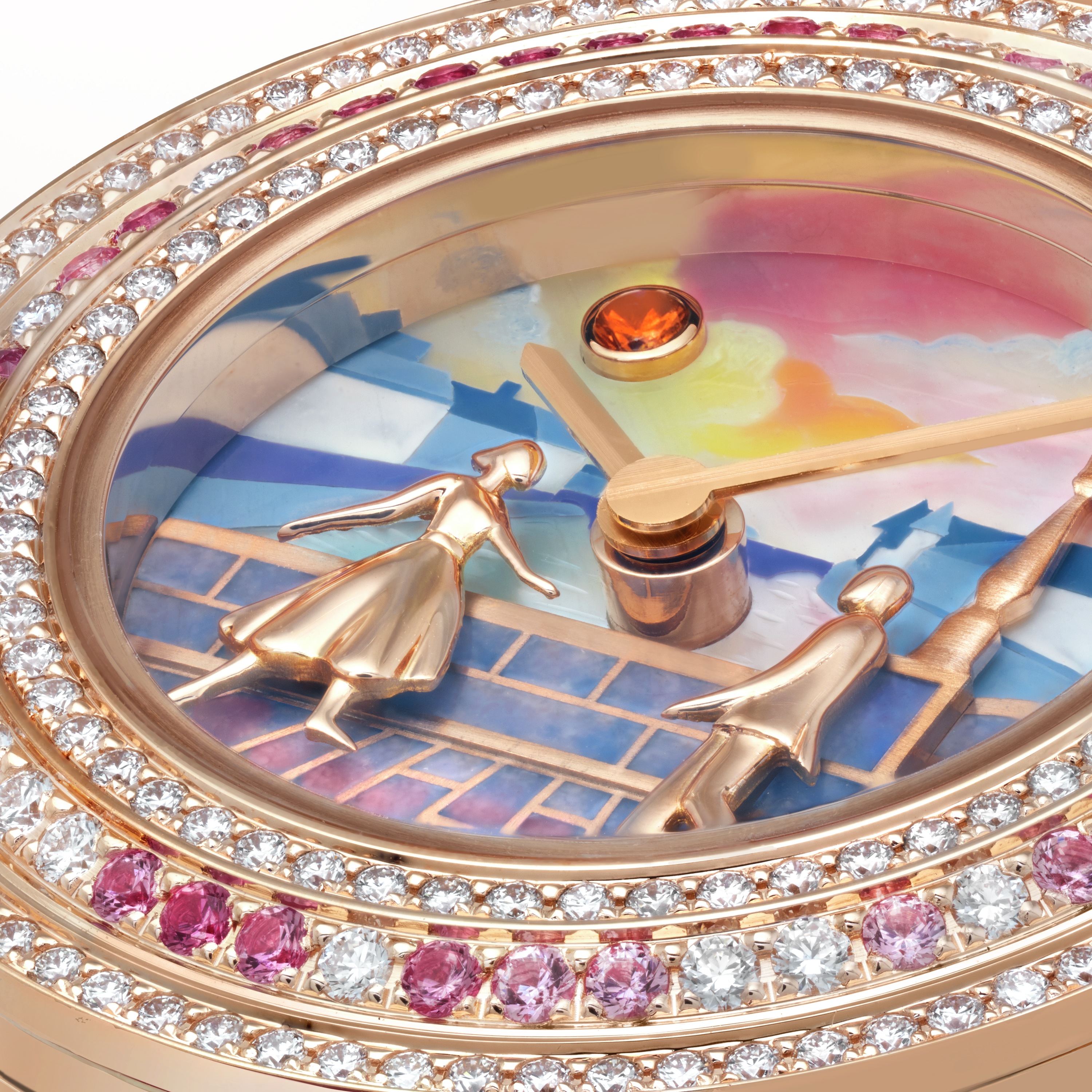 Charms Romance Parisienne Rencontre watch, 18K rose gold, Diamond:  194 stones,  0.67 carat, Mother-of-pearl:  1 stone, Sapphire:  42 stones,  0.32 carat, Spessartite:  1 stone,  0.01 carat, Detail, Watch - Van Cleef & Arpels