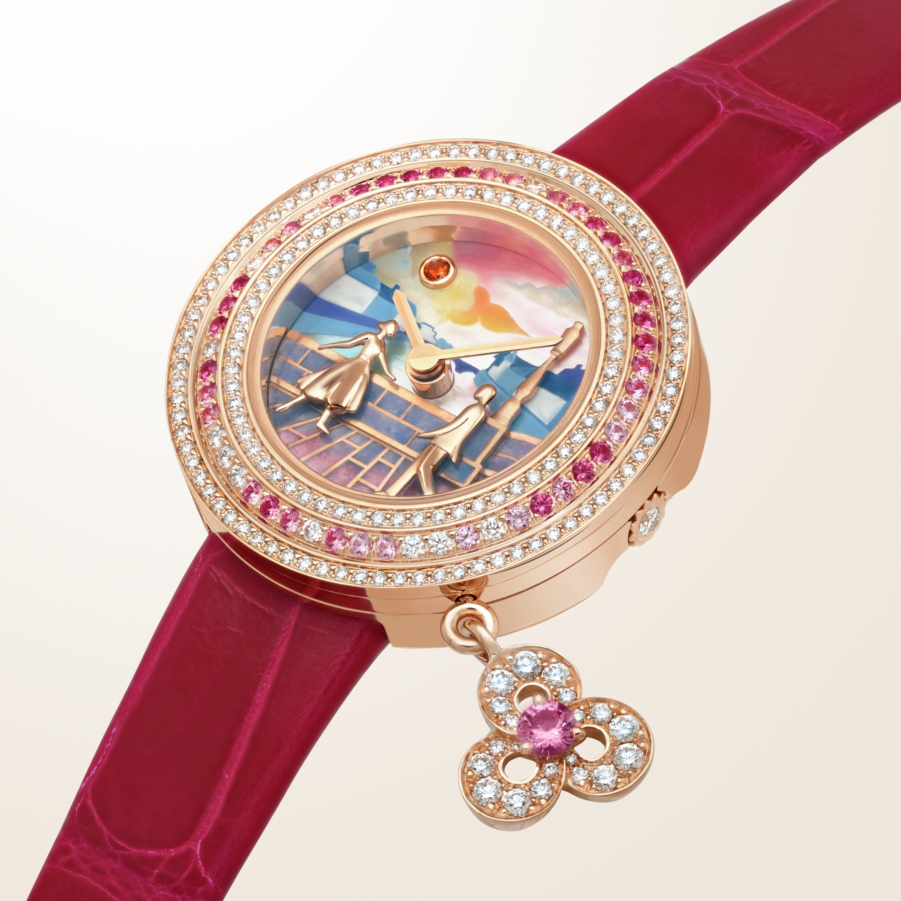 Charms Romance Parisienne Rencontre watch, 18K rose gold, Diamond:  194 stones,  0.67 carat, Mother-of-pearl:  1 stone, Sapphire:  42 stones,  0.32 carat, Spessartite:  1 stone,  0.01 carat, Profile, Watch - Van Cleef & Arpels