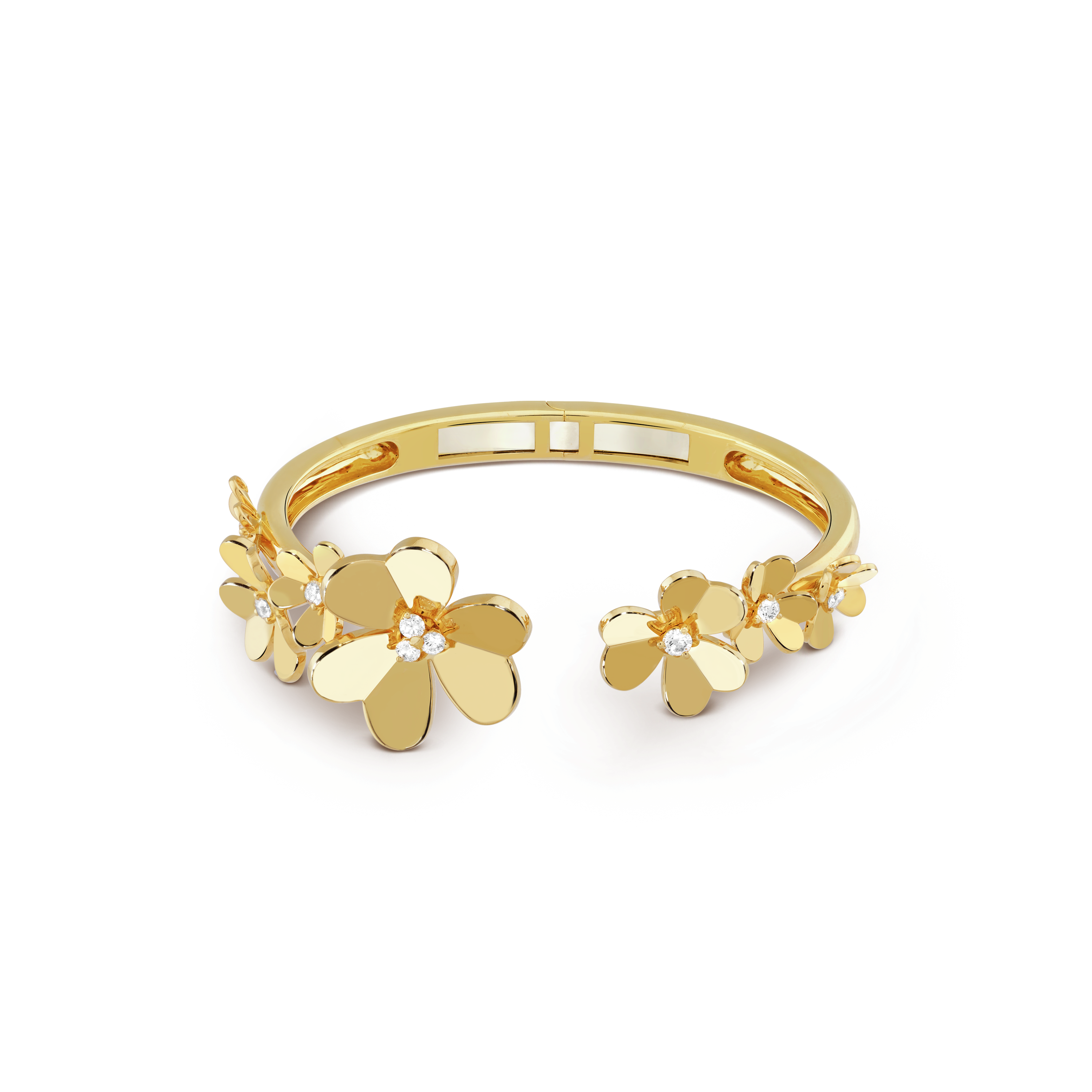 Frivole bracelet, 7 flowers, small model, 18K yellow gold, Diamond:  9 stones,  0.54 carat, Open, Jewelry Bracelet - Van Cleef & Arpels