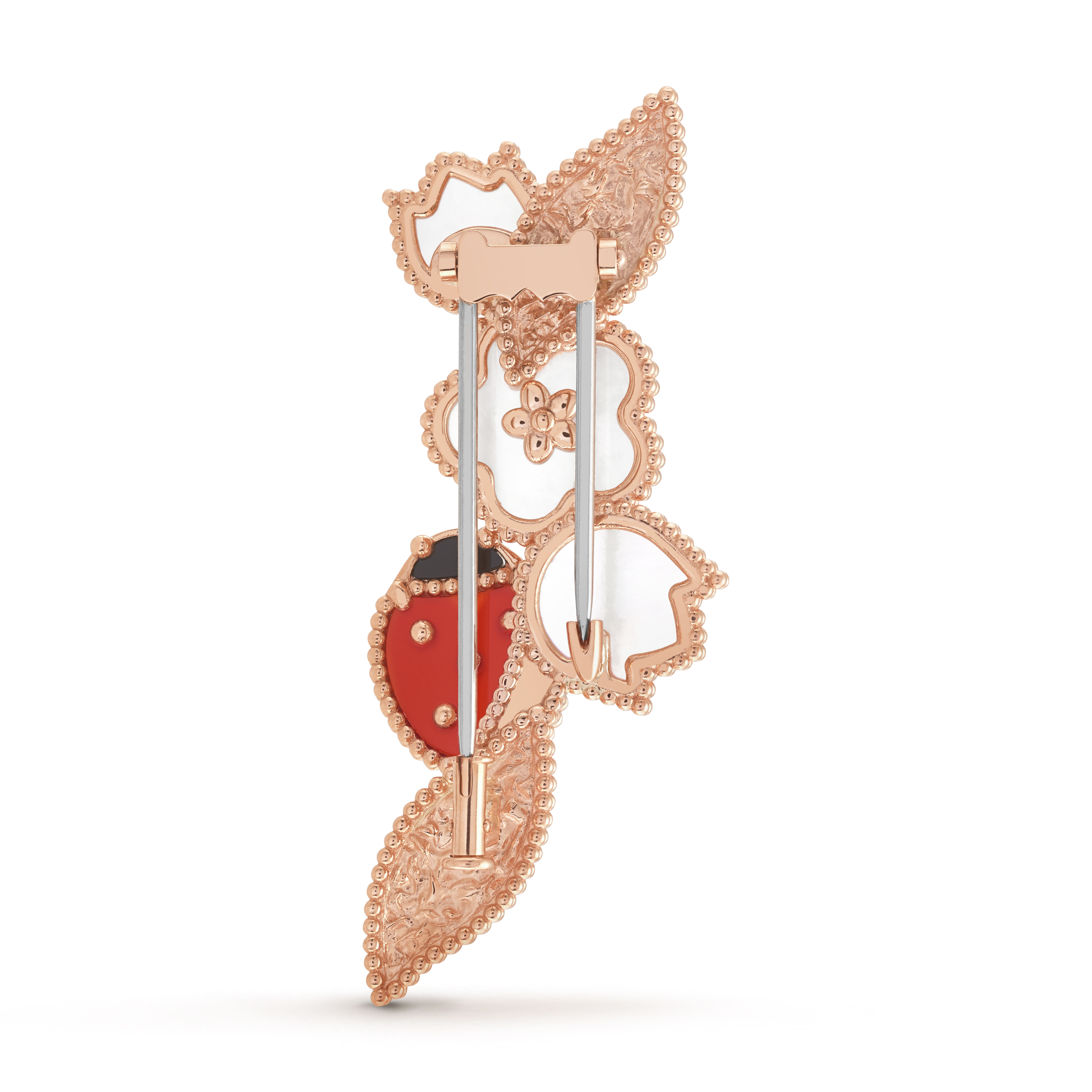 مشبك لاكي سبرينغ, ذهب وردي 18 قيراط, عرق اللؤلؤ:  3 أحجار, عقيق يماني:  1 حجر, كارنليان:  1 حجر, Back, Jewelry Clip - Van Cleef & Arpels