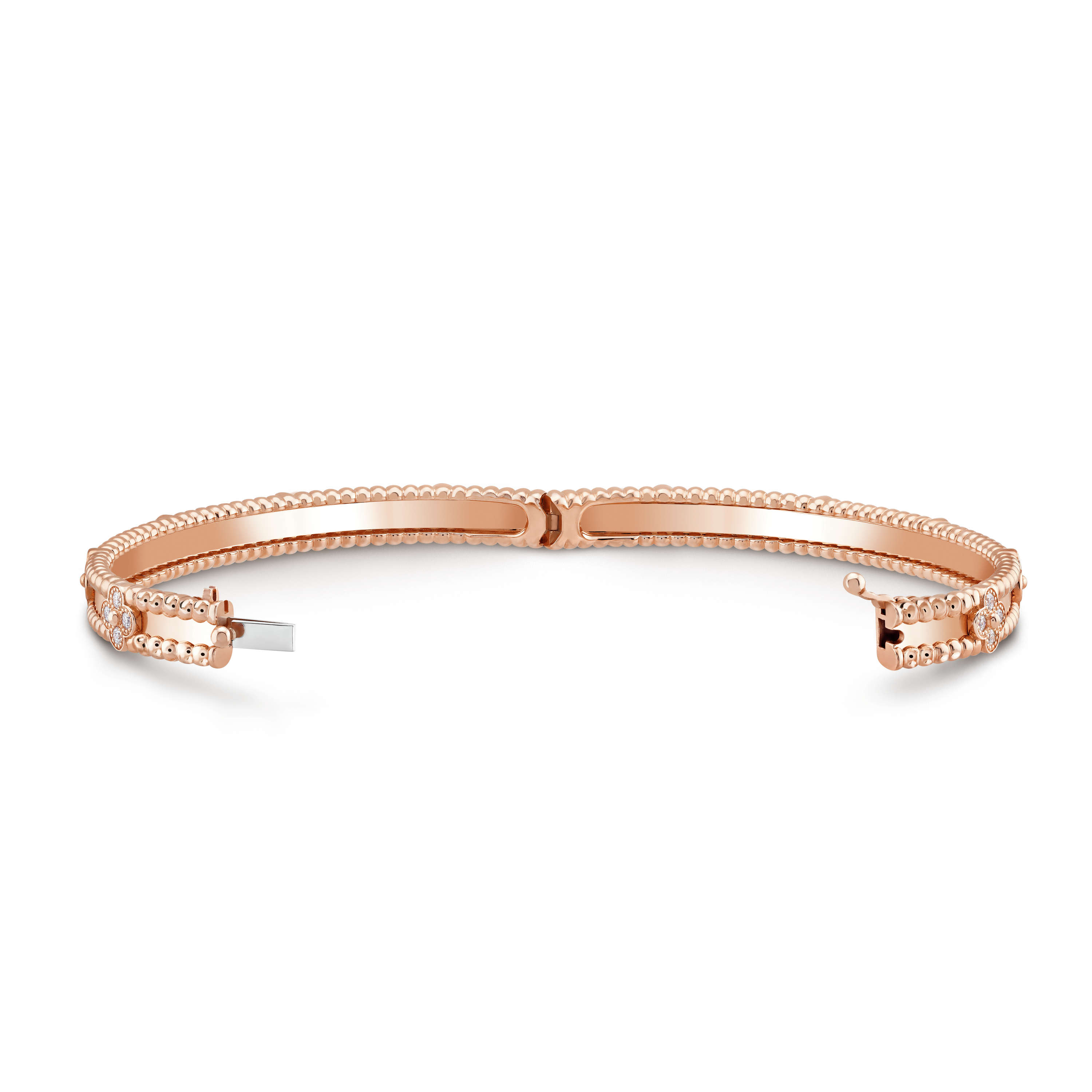 Perlée sweet clovers bracelet, medium model, 18K rose gold, Diamond:  40 stones,  0.68 carat, Open, Jewelry Bracelet - Van Cleef & Arpels
