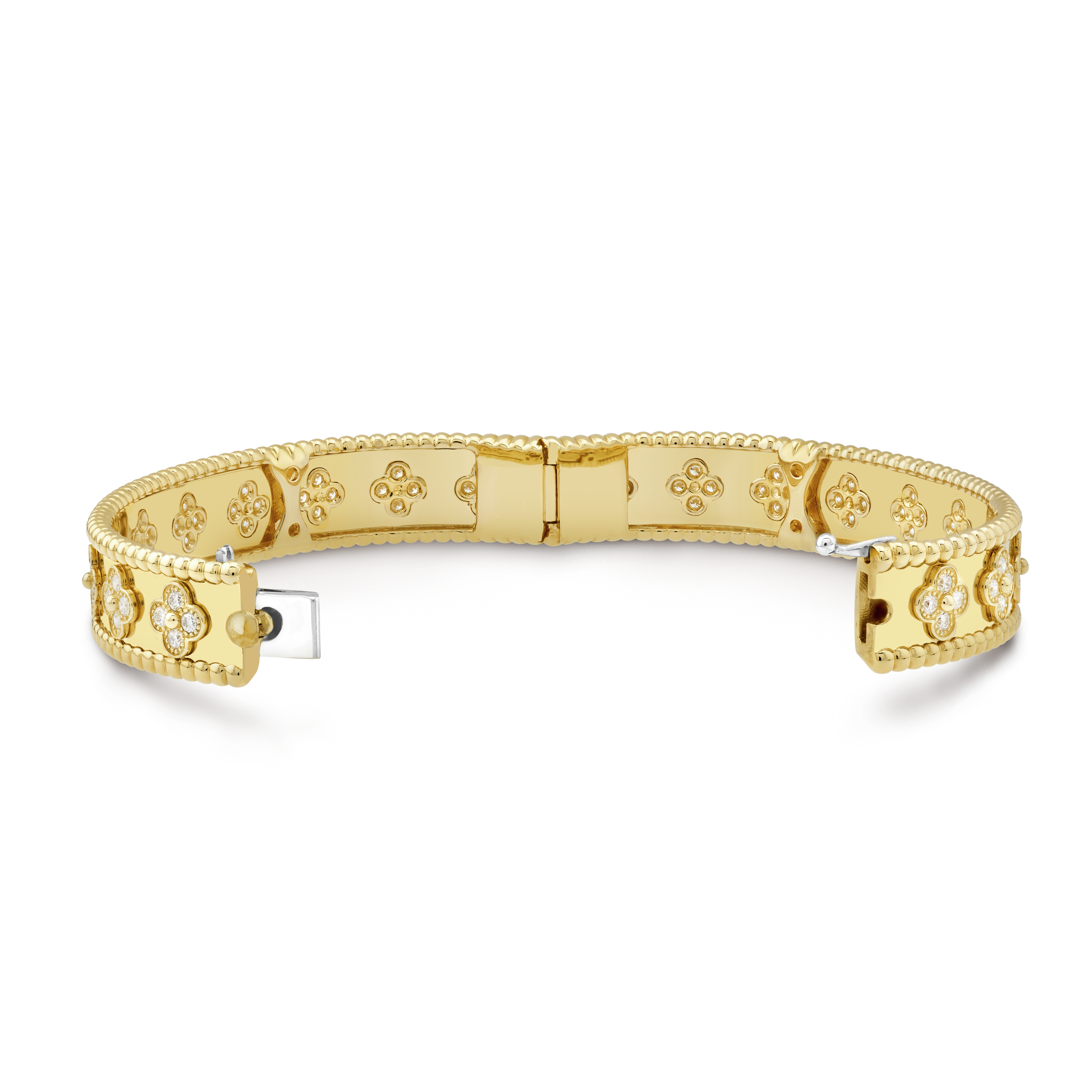 Perlée clovers bracelet, medium model, 18K yellow gold, Diamond:  80 stones,  1.78 carats, Open, Jewelry Bracelet - Van Cleef & Arpels