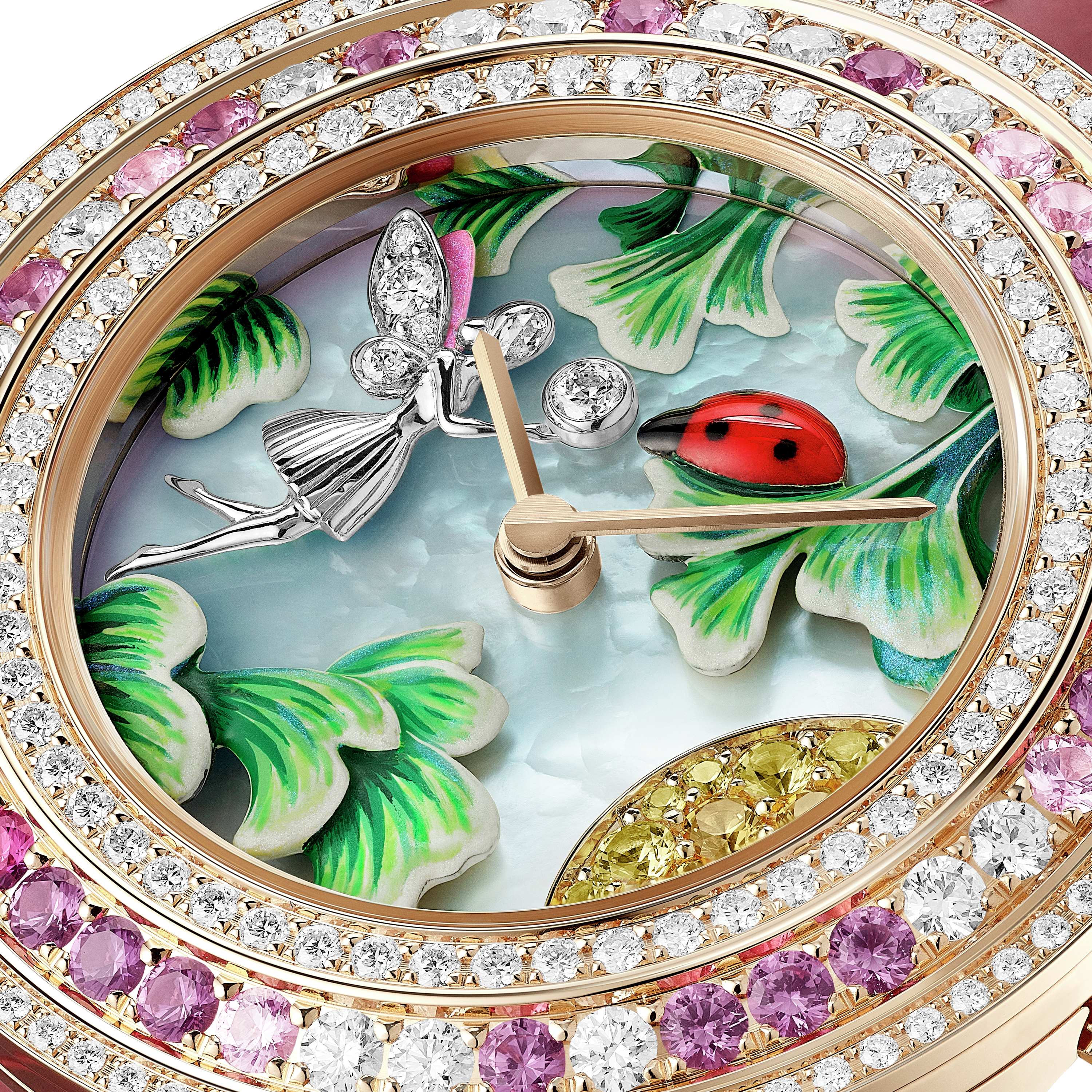 Charms Coccinelle Féerique watch, 18K rose gold, Diamond:  229 stones,  1.23 carats, Mother-of-pearl:  1 stone, Ruby:  7 stones,  0.06 carat, Sapphire:  45 stones,  1.06 carats, Detail, Watch - Van Cleef & Arpels