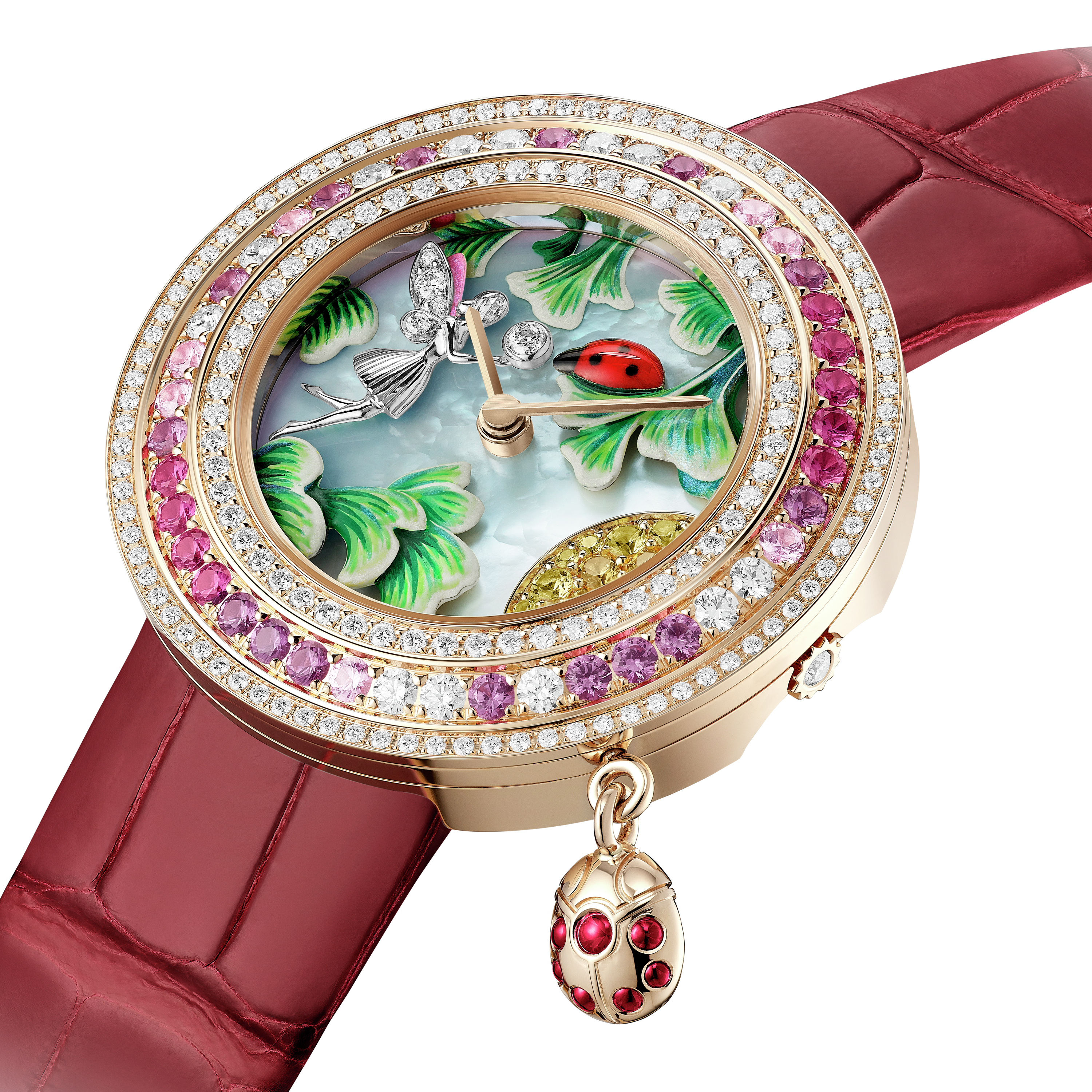 Charms Coccinelle Féerique watch, 18K rose gold, Diamond:  229 stones,  1.23 carats, Mother-of-pearl:  1 stone, Ruby:  7 stones,  0.06 carat, Sapphire:  45 stones,  1.06 carats, Three Fourth, Watch - Van Cleef & Arpels