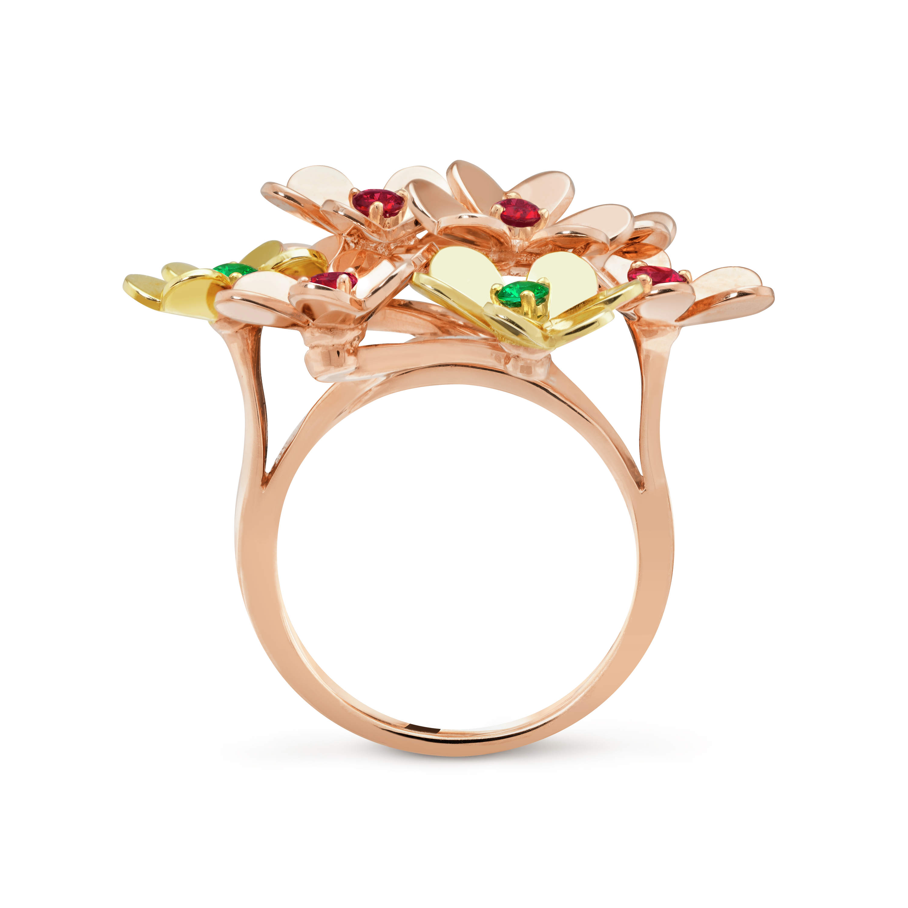 Frivole ring, 8 flowers, 18K rose gold, Emerald:  3 stones,  0.13 carat, Ruby:  5 stones,  0.35 carat, Profile, Jewelry Ring - Van Cleef & Arpels