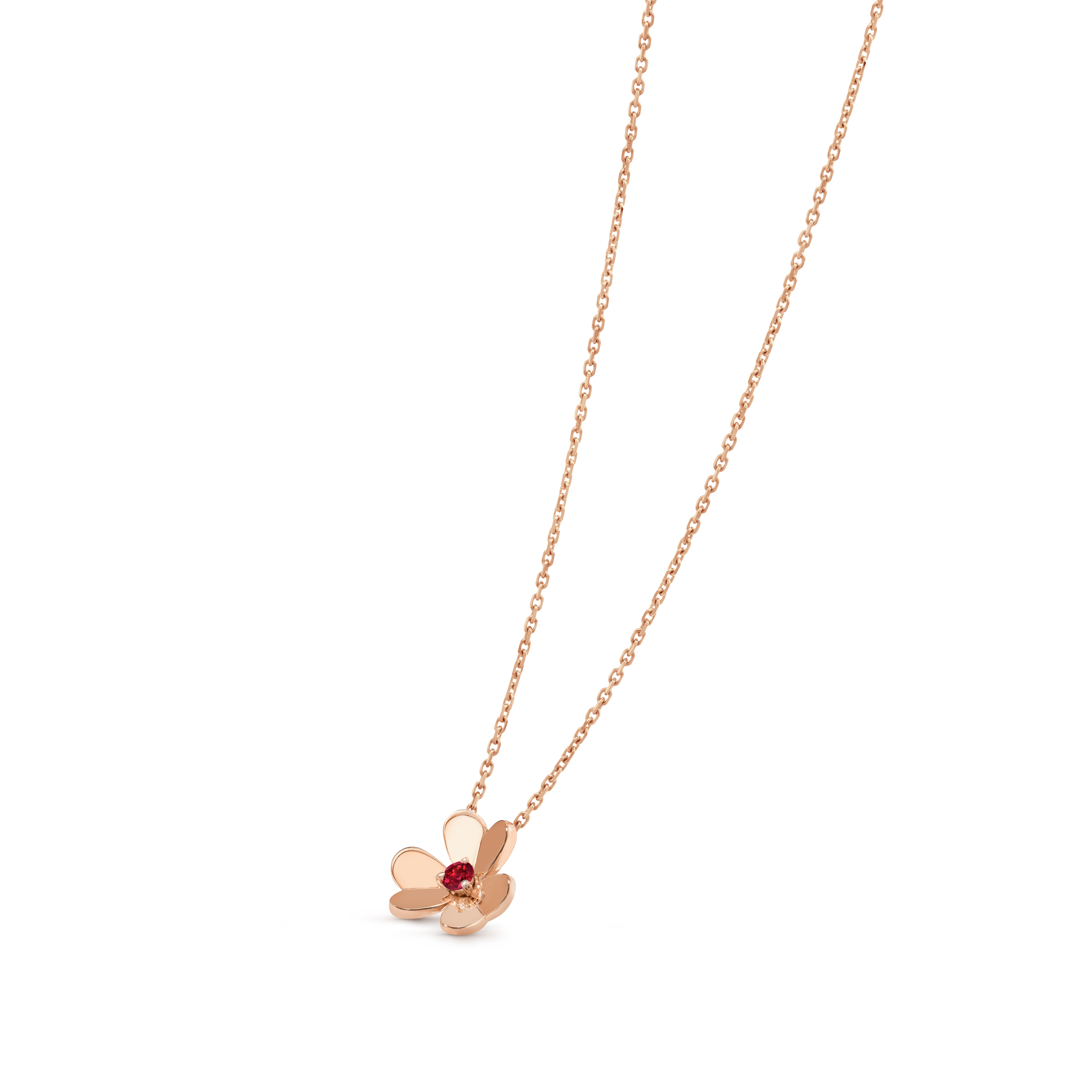 Frivole pendant, mini model, 18K rose gold, Ruby:  1 stone,  0.07 carat, Three Fourth, Jewelry Pendent - Van Cleef & Arpels