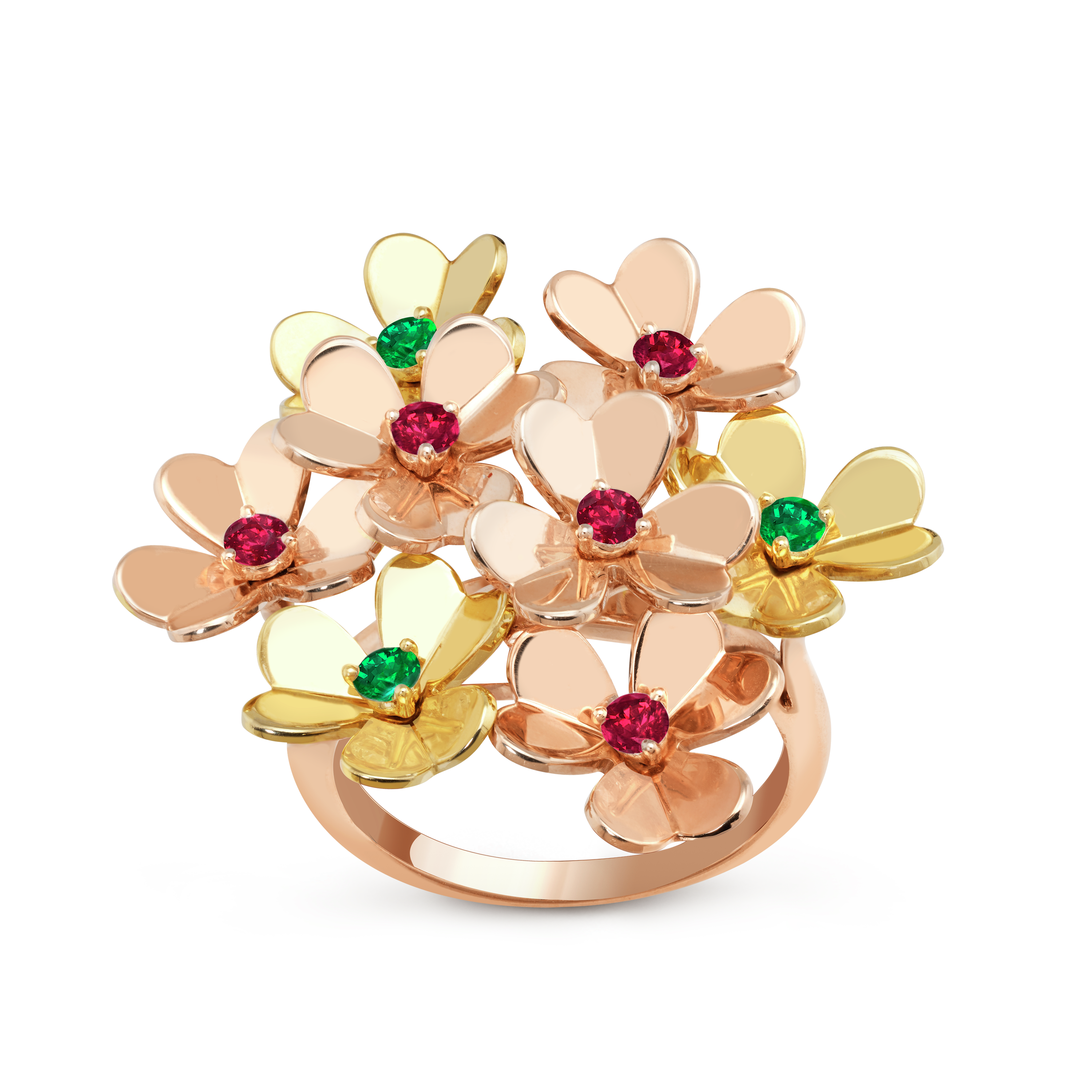 Frivole ring, 8 flowers, 18K rose gold, Emerald:  3 stones,  0.13 carat, Ruby:  5 stones,  0.35 carat, Front, Jewelry Ring - Van Cleef & Arpels