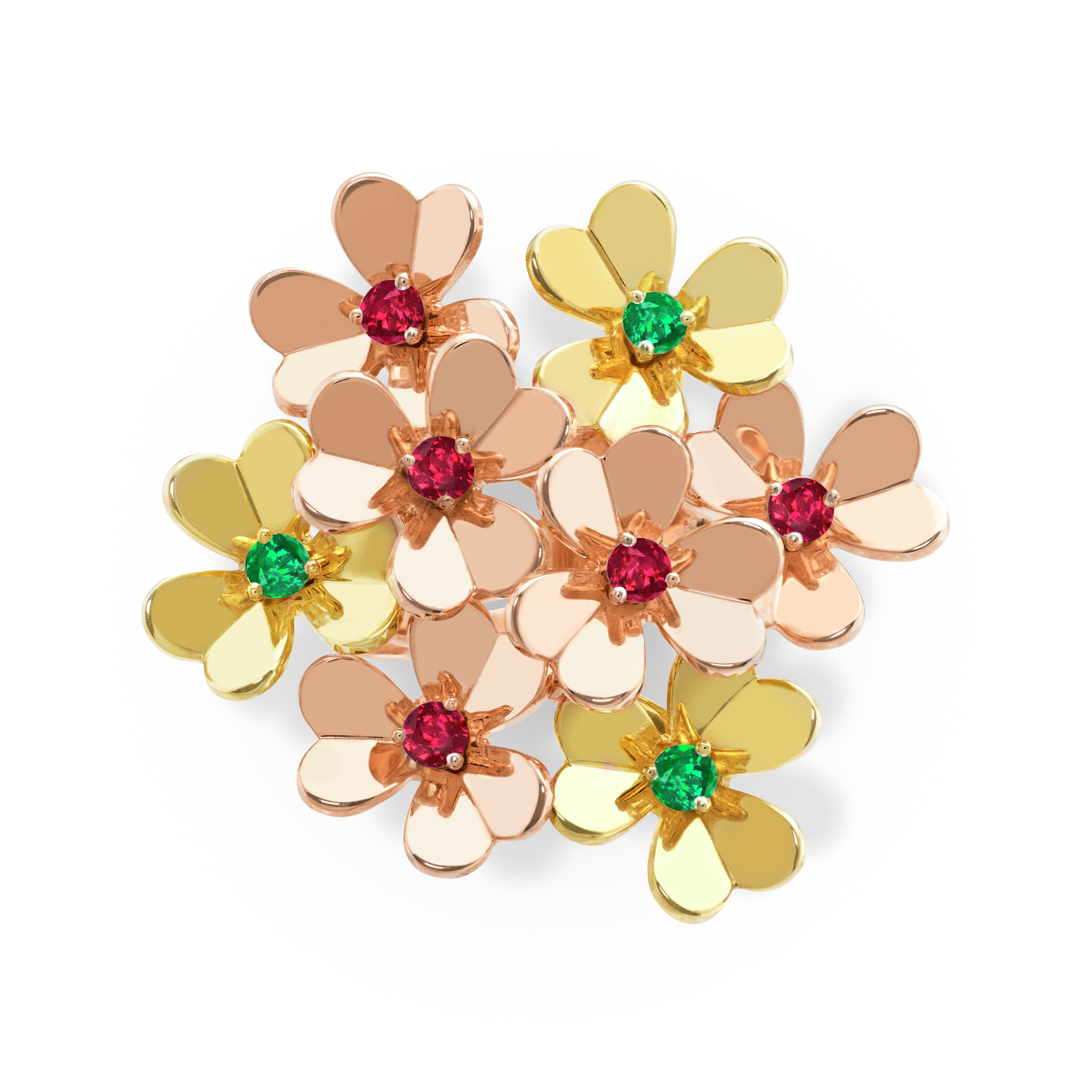 Frivole ring, 8 flowers, 18K rose gold, Emerald:  3 stones,  0.13 carat, Ruby:  5 stones,  0.35 carat, Top, Jewelry Ring - Van Cleef & Arpels