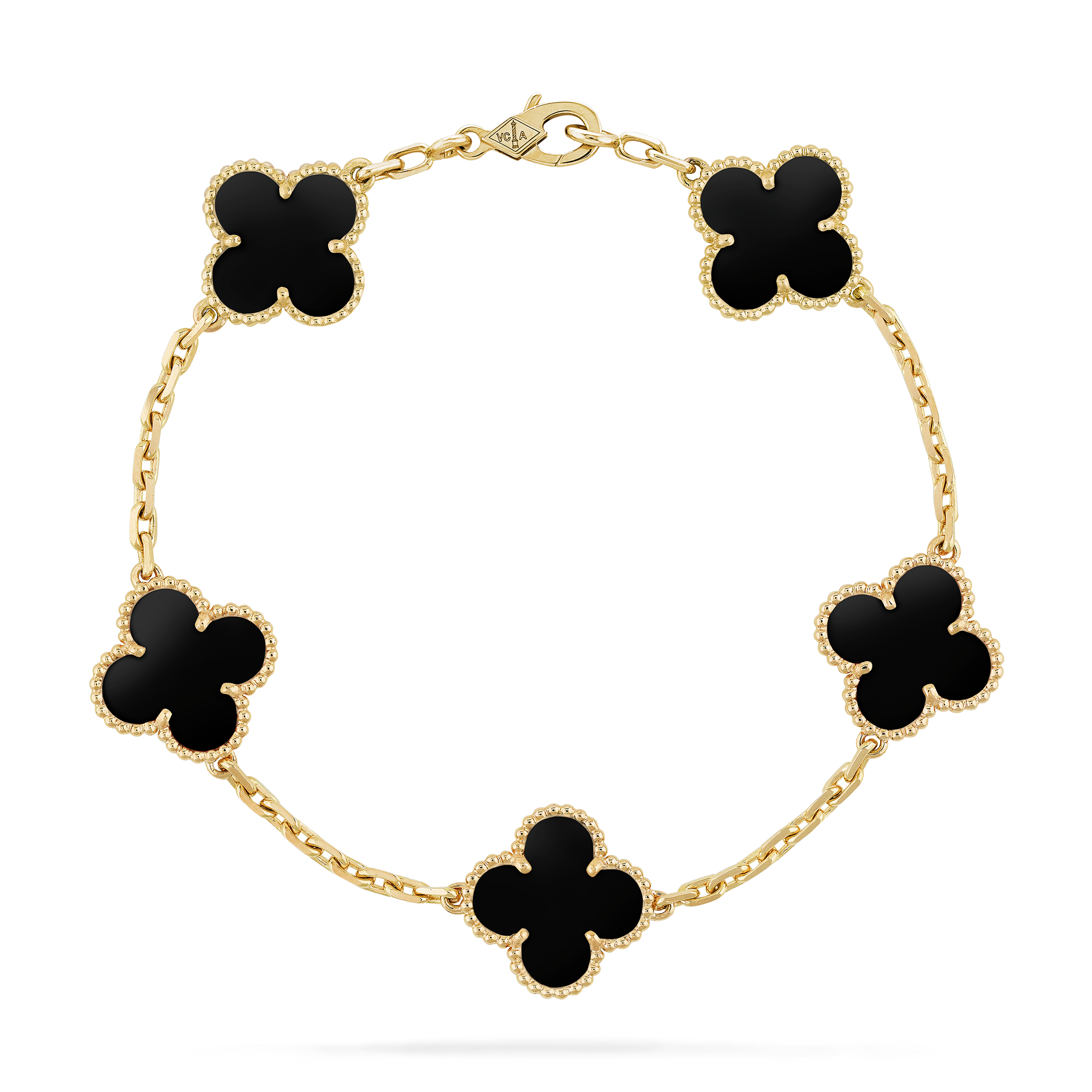 Vintage Alhambra bracelet, 5 motifs, 18K yellow gold, Onyx:  5 stones, Three Fourth, Jewelry Bracelet - Van Cleef & Arpels