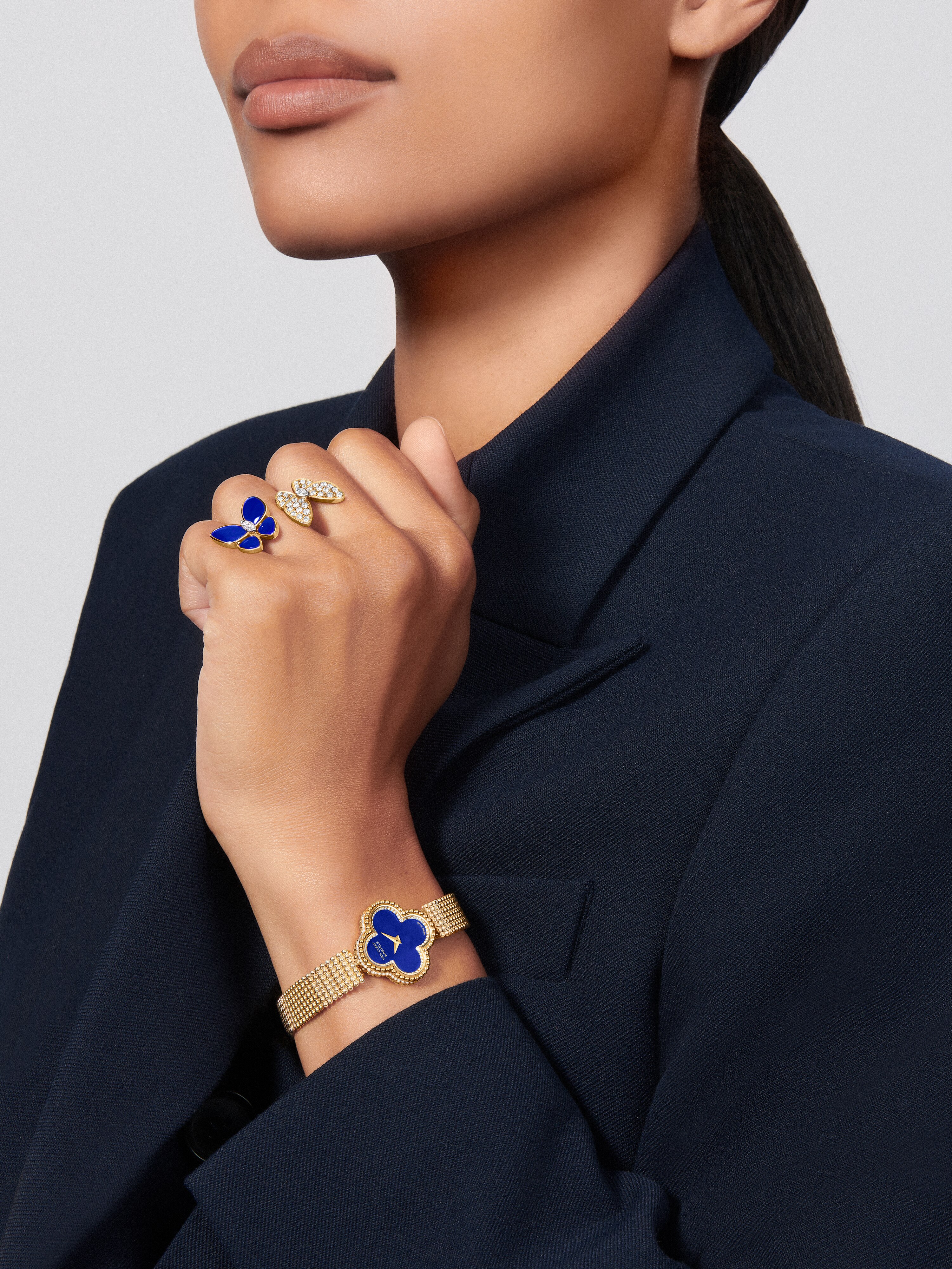 Sweet Alhambra watch, 18K yellow gold, Diamond:  185 stones,  0.74 carat, Lapis Lazuli:  1 stone, Worn Detail, Watch - Van Cleef & Arpels