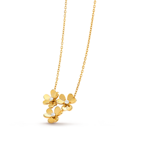 Frivole pendant, 3 flowers, mini model, 18K yellow gold, Diamond:  3 stones,  0.16 carat, Three Fourth, Jewelry Pendent - Van Cleef & Arpels