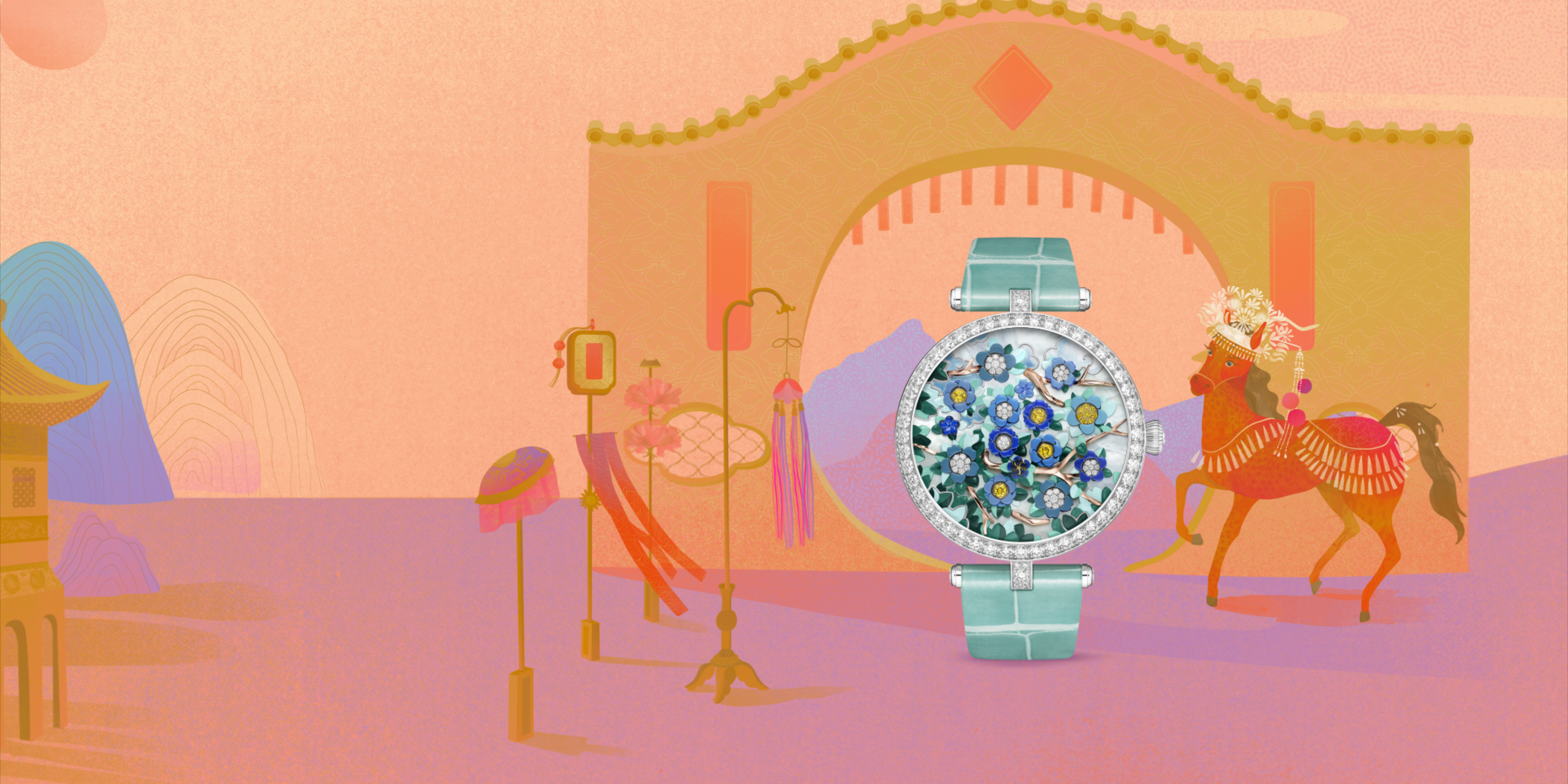 Lady Arpels Heures Florales watch, 18K white gold, 18K rose gold, 18K yellow gold, yellow and white diamonds, white mother-of-pearl and miniature painting. Swiss-made self-winding mechanical movement. Poetic Complications® collection, Van Cleef & Arpels.