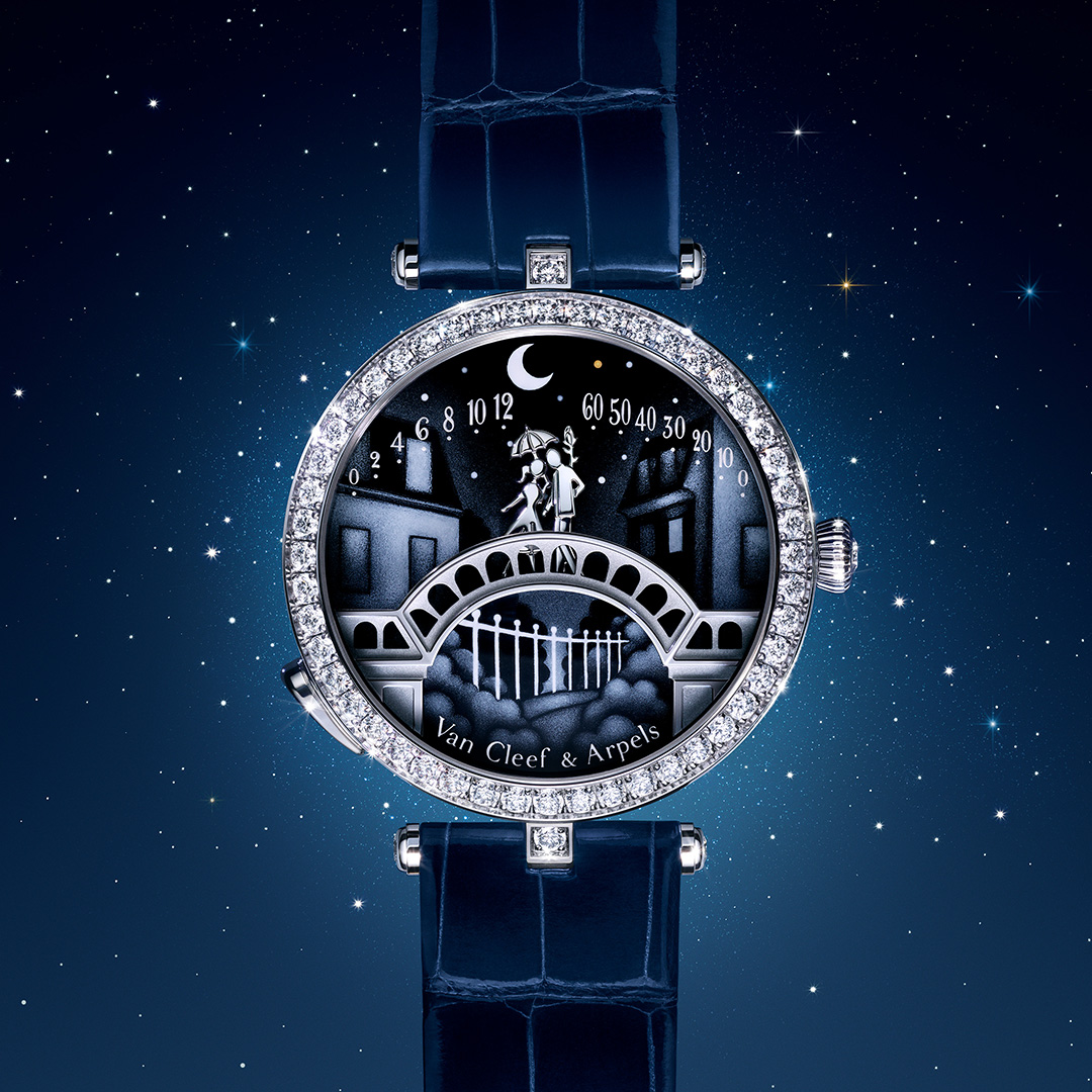 Lady Arpels Pont des Amoureux watch. Rhodium plated 18K white gold, diamonds, enamel, self-winding mechanical movement, retrograde and on-demand animation. Poetic Complications® collection, Van Cleef & Arpels.